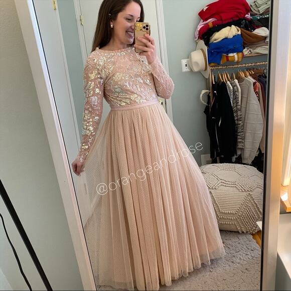 Needle & Thread Blush Pink Sequin Long Sleeve mesh Open Back Tulle Maxi Gown 6 - Picture 16 of 16